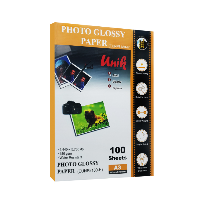 کاغذ فتوگلاسه یونیک سایز A3 وزن 180 گرم 100 برگ دو طرفه